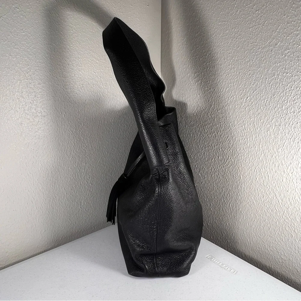 Elizabeth and James Teddy Leather Hobo Handbag Black Drawstring Single Strap